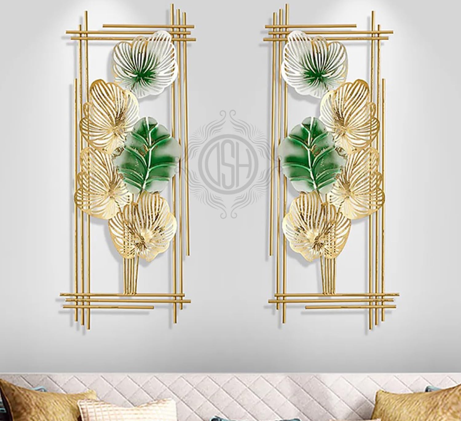 Metal Wall Decor Sculpture Leaf Framed (Set Of -2p) Wall Art Gold & Green