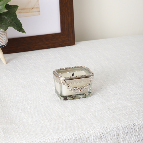 snowy whisper white scented candle glass jar with silver Ring
