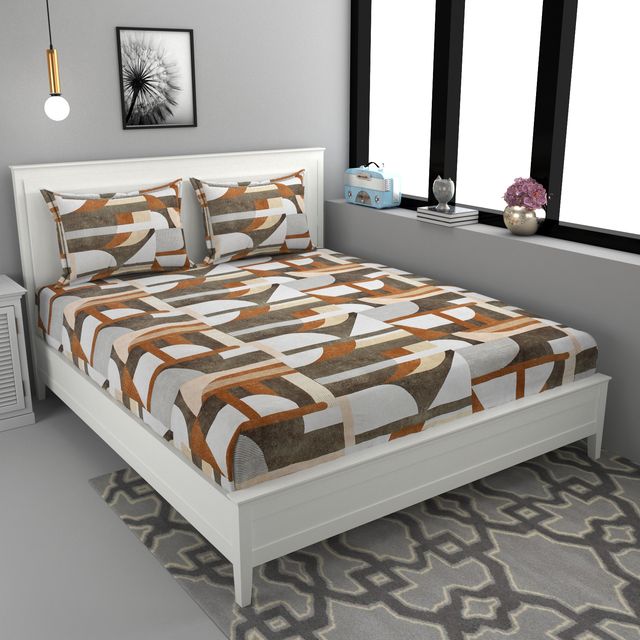 La elite Glace Cotton Fitted Bedsheet For Double Bed With 2 Pillow Covers