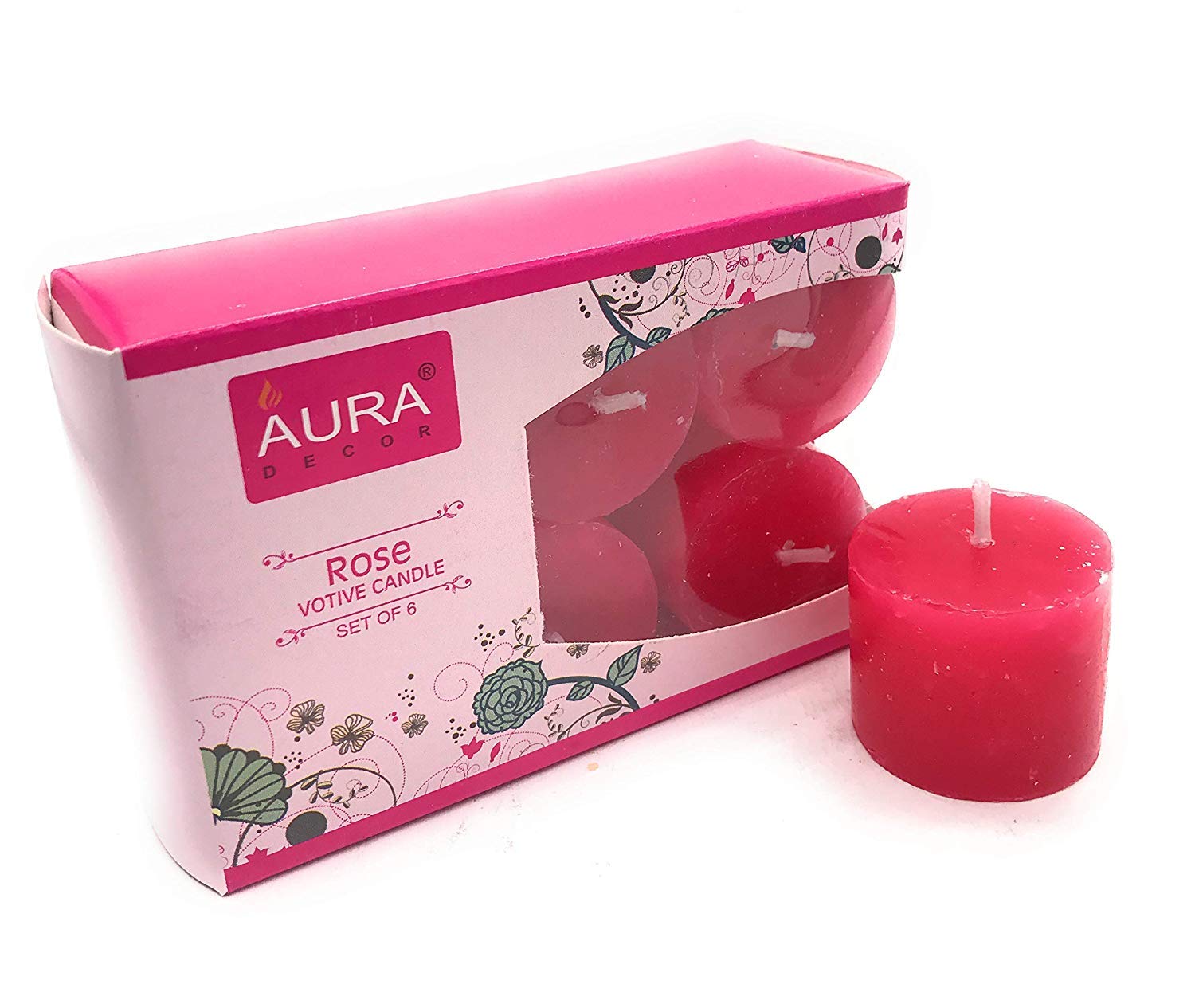 Set of 6 Rose Fragrance Votive Candles, Burning Time Approx 5 Hours Each